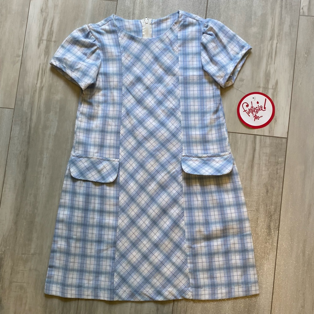 NWT Funtasia Too! Blue Plaid Short Sleeve Shift Dress with Faux Pockets, girls 8